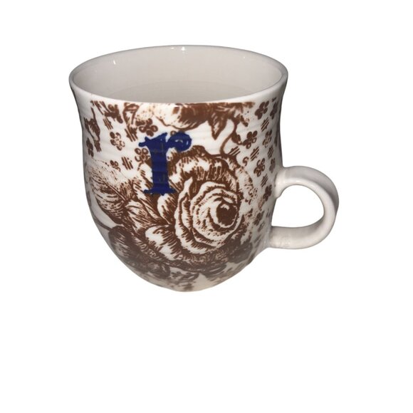 Anthropologie Monogram W/blue “R” Mug w/ Brown Flower Background Cup Coffee Tea - Picture 5 of 6